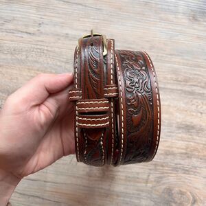 Nocona Western Tooled Leather Belt Size 32 Brown Cowboy Artisan Vintage Layer
